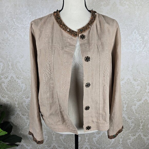 Carole Little Petite Size PXL Tan Linen Jacket Snap Front Beaded Detail Lined - Picture 2 of 12